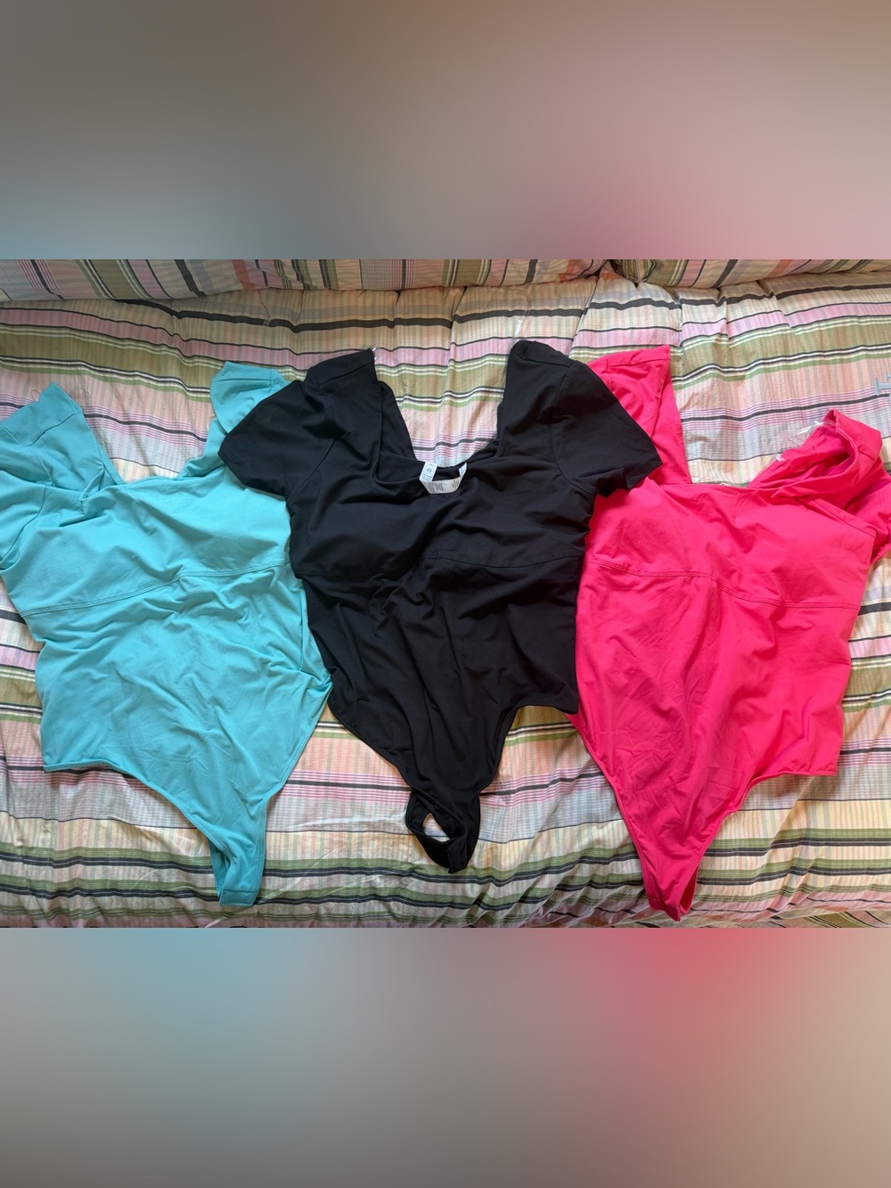 Rae Mode Scoop NEW neck thong bodysuits, built in bra- Pink, Aqua (black sold)